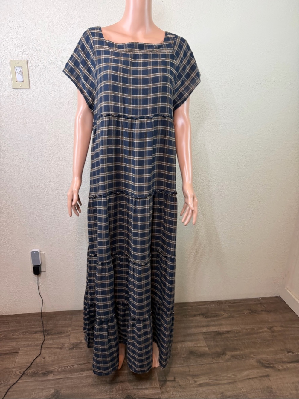 Natural Life Flannel Plaid Tiered Maxi Dress Boho Cottagecore Farmhouse Large - Picture 4 of 12